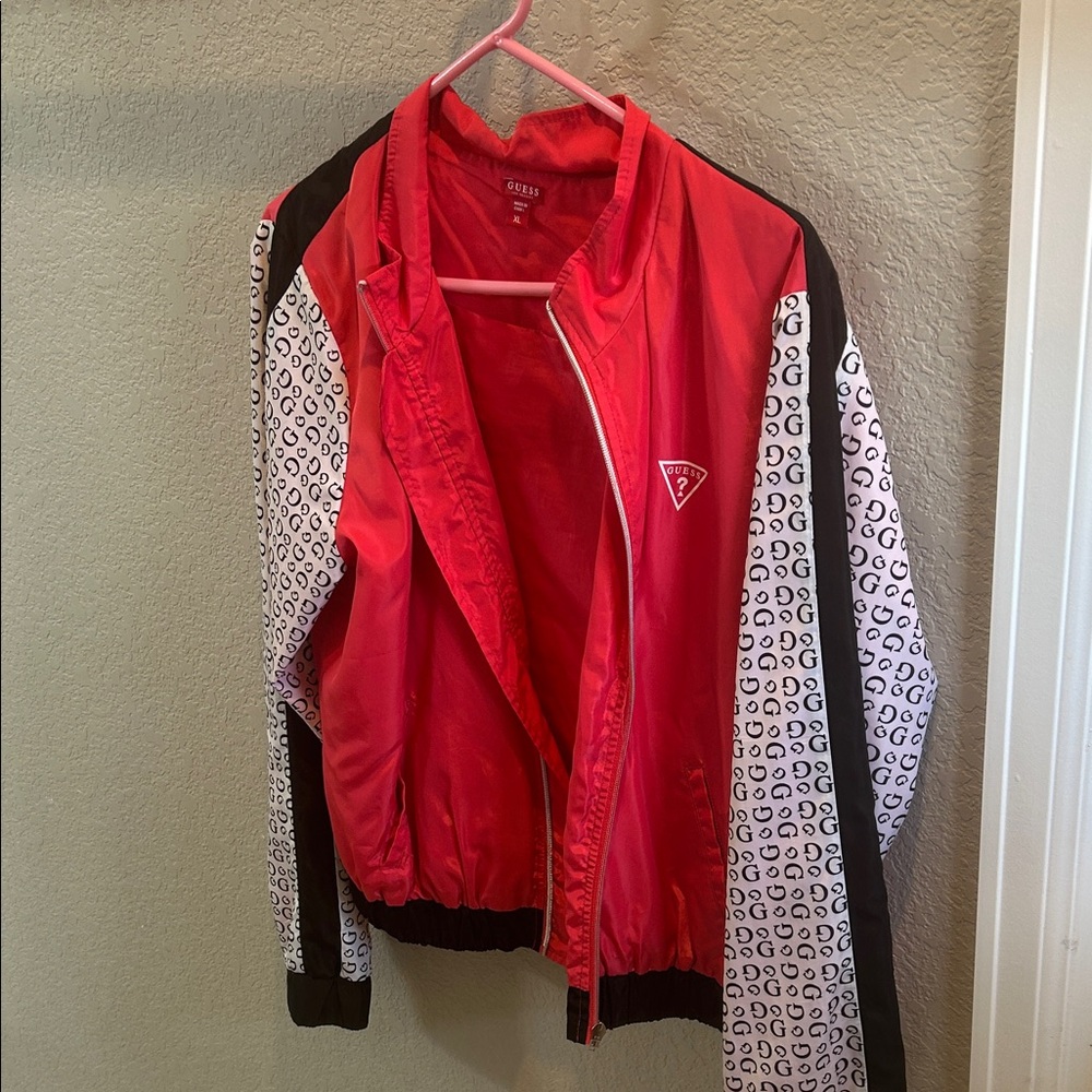 Guess Women's Red Bomber Jacket with Black and White Accents